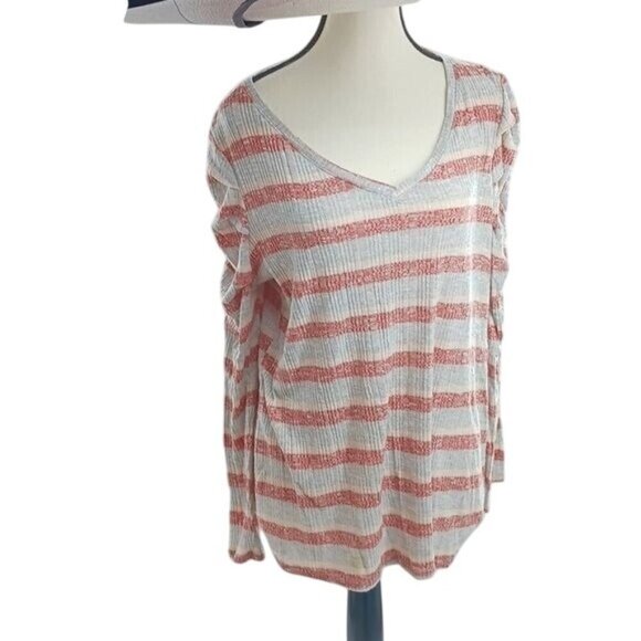 Lane Bryant Womens Size 14/16 Red Gray Striped Long Sleeve V Neck Knit Top - Picture 1 of 7